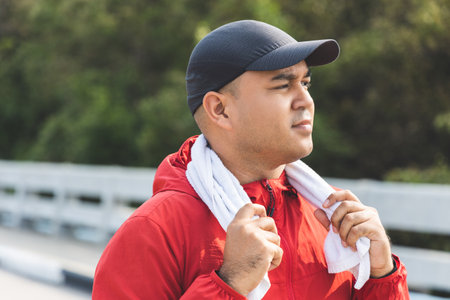 Young asian man wearing sportswear running outdoor. Portraits of Indian man jogging on the road....