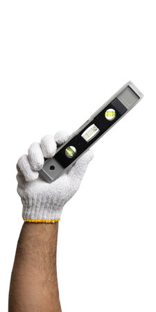 Hands mechanic holding Measure water level tools isolated on white background.