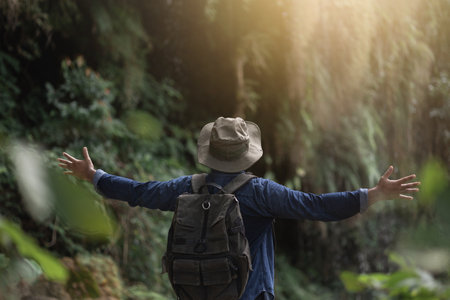 The hikers are traveling in the rain forest with beautiful nature. Young Asians go on a journey through the forest. Stand with arms and admire nature.の写真素材