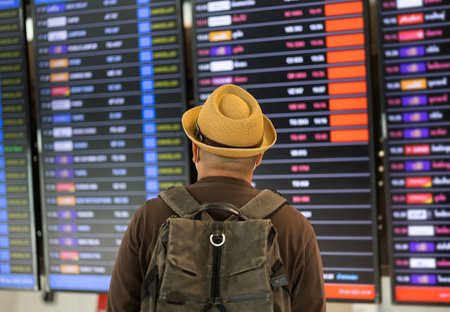 Young asian traveler man standing near information timetable board looking his flight. He wearing mask to protection virus.の写真素材