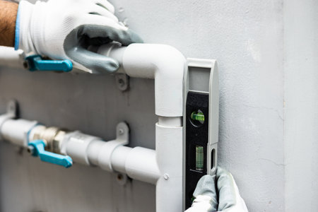 Male Plumber worker installation pipe system use spirit level for calculate. Plumbing checking...