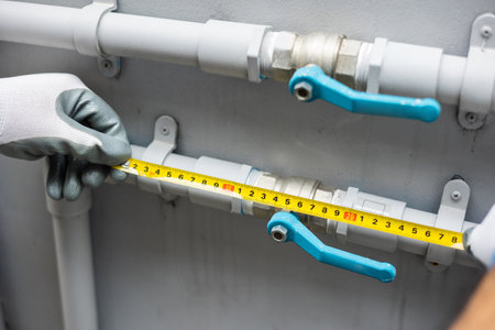 Male Plumber worker installation pipe system use tape measure level for calculate. Plumbing checking service and repair.の写真素材