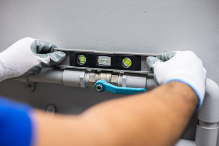 Male Plumber worker installation pipe system use spirit level for calculate. Plumbing checking...
