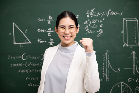 Happy Young asian teacher woman showing fist fighting sign video conference with student looking camera. Female teacher training the mathematics in classroom blackboard online course.の写真素材