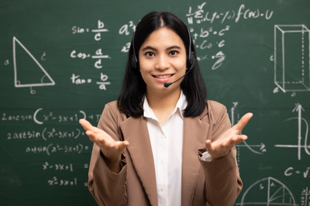 Young asian teacher woman standing looking at camera and video conference with student. Female teacher training the mathematics in classroom blackboard from online course.の写真素材