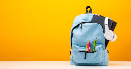 Back to school background. Stationery Supplies in the school bag. Banner design education On Yellow background.の写真素材