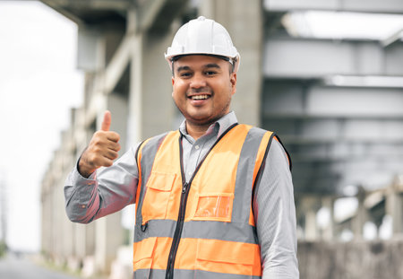 Asian engineer handsome man or architect looking construction with white safety helmet in construction site. Standing at highway concrete road site Showing thumbs up.の写真素材