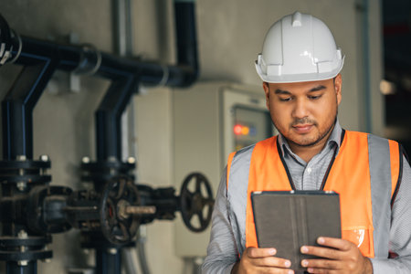 Young asian engineer working at electric cabinet checking and maintenance for the safety. Worker using tablet to control the system electric of the building.の写真素材