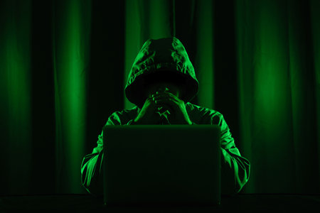 Hackers wear hoods to cover their faces. Hacking to steal important information. Use a computer to...