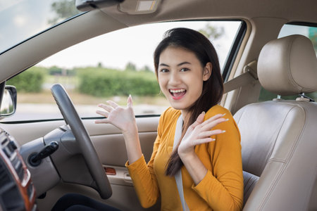 Wow. Young beautiful asian women getting new car. she very happy and excited. she sit and touching...