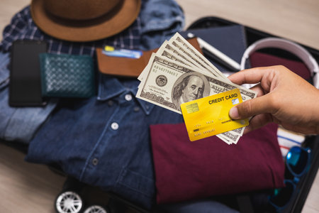 Close up traveler hand man showing credit card and cash payment for travel. Trolley bag and Travel accessories on the background. Reward point for travelling. Loyalty card program for touristの写真素材