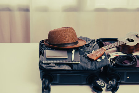 Top view Organize luggage. Put clothes and pants in trolley bag and prepare to go abroad. Preparing...