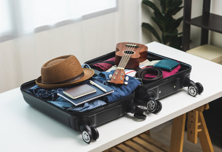 Top view Organize luggage. Put clothes and pants in trolley bag and prepare to go abroad. Preparing...