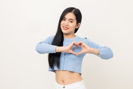 Portrait of Young beautiful Asian woman standing and smiling showing heart sign isolated on white background. Lovely female wearing blue shirt feeling surprised and happy.の写真素材