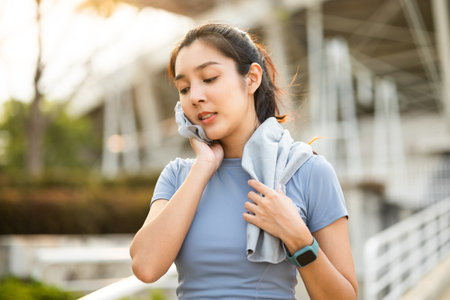 Asian woman wiping sweat on face and neck during exercise in the city at sunrise. Young asian female take a break from training before workout, cardio. Healthy and active lifestyle concept.の写真素材