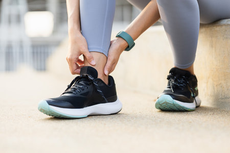 Woman runner has sore ankles because she ran too long. Female Exercising until the injury....