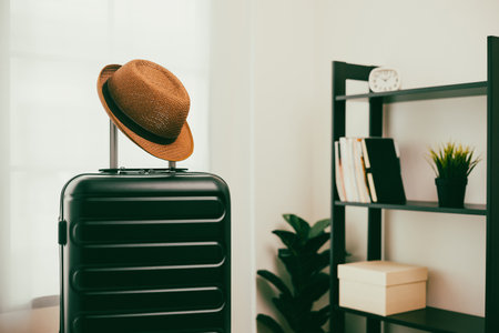 Hat hanging on trolley bag. Travel Preparing suitcase for summer vacation trip. Traveler accessories open luggage.の写真素材