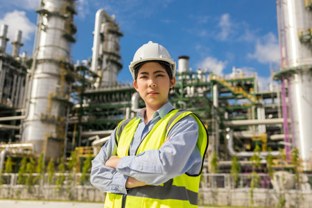 Asian engineer manager woman with white safety helmet standing front of oil refinery. Industry zone gas petrochemical. Factory oil storage tank and pipeline. Workers in the refinery construction.の写真素材