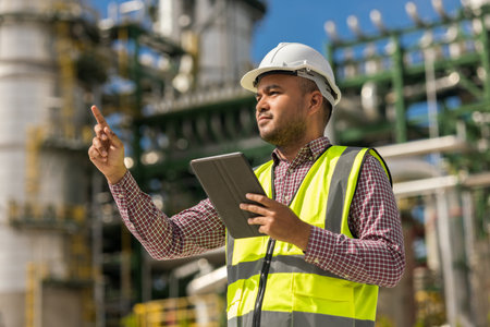 Asian engineer handsome man use tablet with white safety helmet standing front of oil refinery. Industry zone gas petrochemical. Factory oil storage tank and pipeline. Workers in a refineryの写真素材