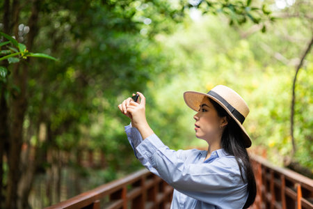 Asian woman travel using cell phone taking video and photo in nature with sunlight. Traveller blogger in mangrove forest. Rest on vacation holiday weekend. Beautiful female with hat and blue shirtの写真素材
