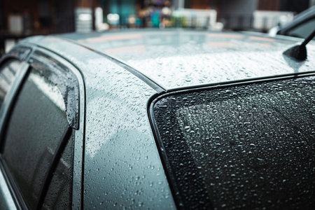 Water droplets on car windshield. Heavy rain fell on the roof of the car. Driving on rainy days, be careful driving.の写真素材