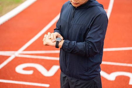 Young man wearing sportswear blue jacket using Smart Watch Showing Heart Rate Monitor. Technology for health and sport mode. Exercise and take statistics to develop your potential.の写真素材