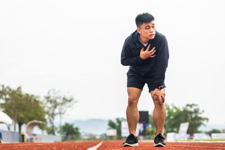 Young chinese man tired during jogging on the track in sport stadium. Young asian male intense...