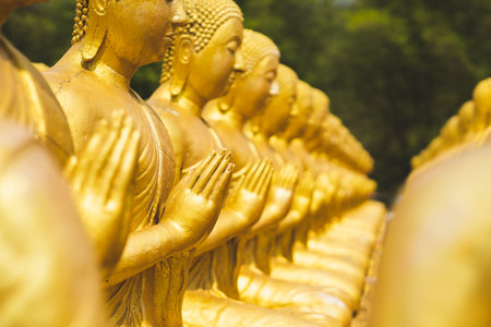 Lot of Golden Statue of Buddha sitting in meditation Belief Faith and Worship concept. Big buddha Press the hands together at chest In sign of respect religion cultureの写真素材
