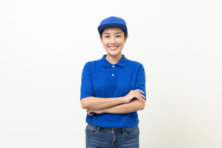 Happy delivery asian woman in blue uniform standing on isolated white background. Smiling female delivery service worker.の写真素材