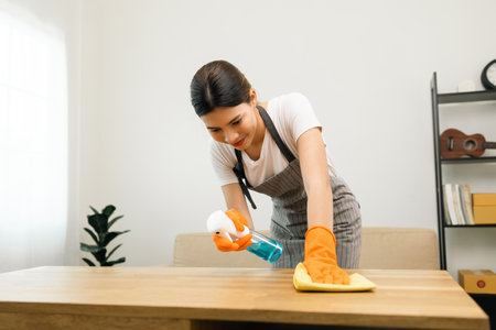 Housewife with rubber gloves and apron with spray bottle and microfiber towel to clean table at apartment. Young woman is happy to clean home. Maid cleaning service.の写真素材