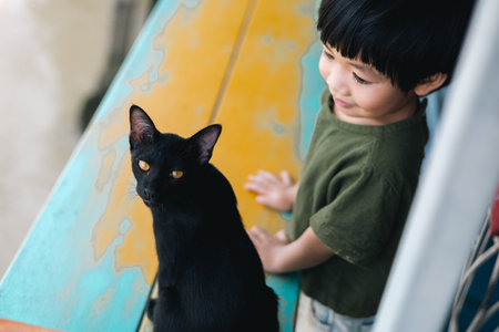 Happy moment of little child with cat. Kid and animal.の写真素材