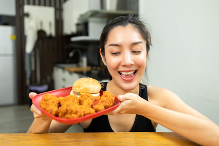 Beautiful female in sportswear fried chicken junk food high calorie food and health risks. Hungry young woman eating Fried Chickenの写真素材