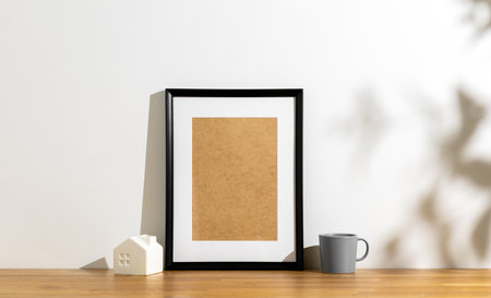 Style picture frame still life put on the wooden table. Blank space empty picture frame with mockup....