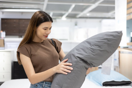 Young beautiful woman choosing pillow at retail furniture store. Housewife pick up the pillow and softness test buying for family. Female checking quality shopping at mattress store hall.の写真素材