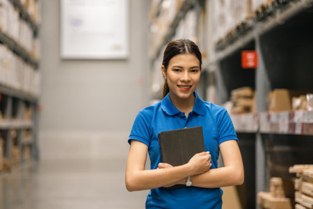 Young female worker in blue uniform checklist manage parcel box product in warehouse. Asian woman...