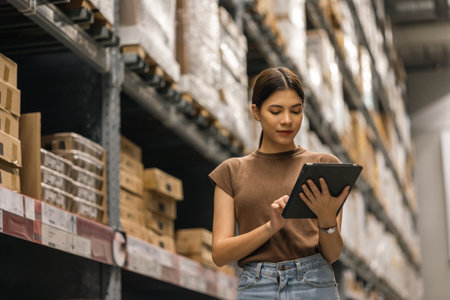 Young female manager worker checklist manage parcel box product in warehouse. Asian woman supervisor using tablet working at store industry. Logistic import export concept.の写真素材