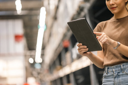 Young female manager worker checklist manage parcel box product in warehouse. Asian woman supervisor using tablet working at store industry. Logistic import export concept.の写真素材