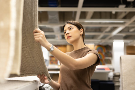 Woman buying new carpets for the house. Female customer shopping carpet in interior store. Touching testing quality of product. Shopping furniture at warehouse store hallの写真素材