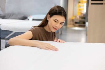 Young beautiful woman choosing mattress at retail furniture store. Housewife touching softness test buying bedding for family. Female checking quality shopping at mattress store hall.の写真素材