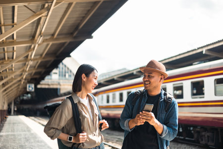 Couple Young asian traveler tourist by train Choose a trip and booking train queue by smartphone....