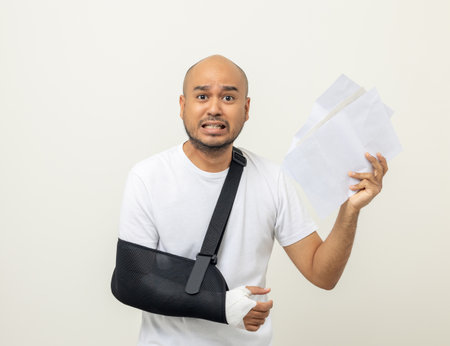 Depressed upset man suffering from pain with bill payment No money to pay for medical care. Broken arm. Man put on plaster cast splint. Patient wearing sling support arm. life insurance and accidentの写真素材