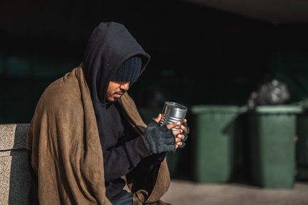 Poor tired stressed depressed hungry homeless man in the shadow city. Homeless man sitting on the street waiting for help food and money from people volunteer foundation donate.の写真素材