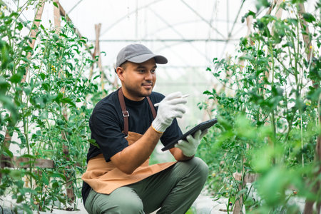 Agriculture uses production control tablets to monitor quality vegetables at greenhouse. Smart farmer using a technology for studying and development agricultural.の写真素材