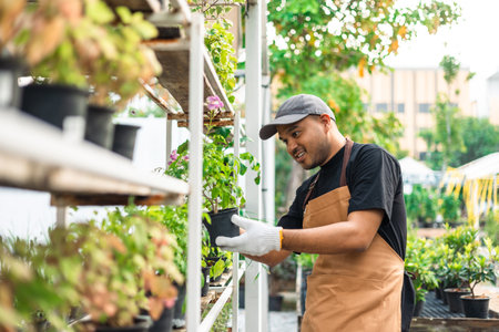 Happy gardener man in gloves and apron plants flowers in greenhouse. Florists man working gardening in the backyard. Flower care harvesting. Planting in pot with dirt or soilの写真素材