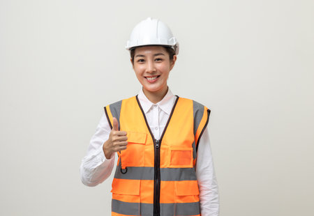 Asian engineer worker woman or architect with white safety helmet standing on isolated white background. Mechanic service factory Professional work job occupation in uniform showing thumbs up.の写真素材