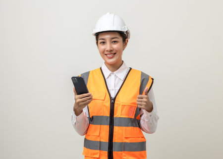 Asian engineer worker woman or architect with white safety helmet standing on isolated white background. Mechanic service factory Professional job occupation in uniform working with smartphoneの写真素材