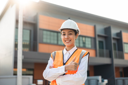 Confident engineer woman standing at modern home building construction. Architect with white safety...