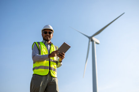 Engineer India man working with tablet at windmill farm Generating electricity clean energy. Wind turbine farm generator by alternative green energy. Asian engineer checking control electric powerの写真素材