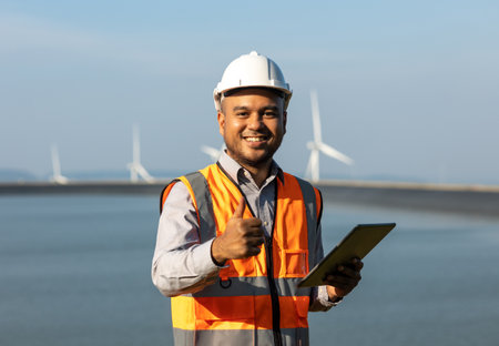 Engineer India man working with tablet at windmill farm hydroelectric Generating electricity clean energy. Wind turbine farm and water power generator by green energy. Engineer control electric powerの写真素材