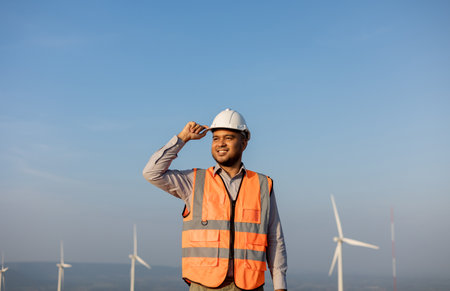 Engineer India man working at windmill farm Generating electricity clean energy. Wind turbine farm...